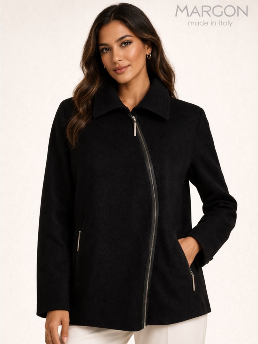 Margon Italian Wool Classic Reversible Asymmetric Black Jacket, Size 48/12